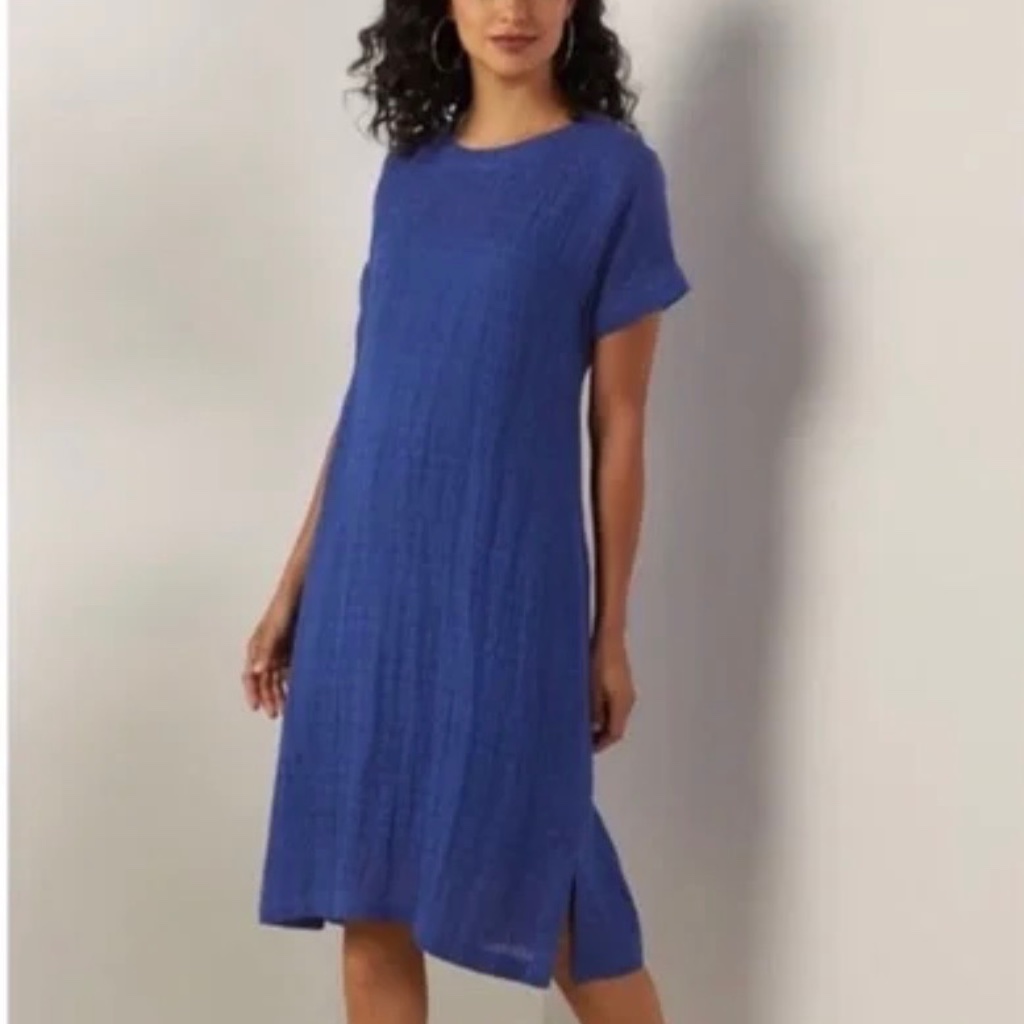 Soft Surroundings Women’s Blue Linen Short Sleeve Midi Dress Medium New